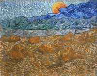 Vincent van Gogh's Landscape with Wheat Sheaves and Rising Moon (1889) oil painting art. Original public domain image from Wikimedia Commons. Digitally enhanced by rawpixel.