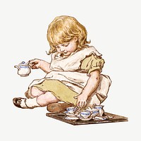 Little girl drinking tea illustration psd. Remixed by rawpixel.