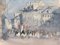 A Religious Procession (1829-1832) architecture watercolor art by David Cox. Original public domain image from Yale Center for British Art. Digitally enhanced by rawpixel.