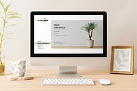 Computer psd, screen mockup, minimal workspace, clean interior design with indoor plant