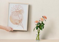 Feminine frame mockup, pink flower line art, psd design