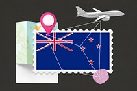 New zealand travel, stamp tourism collage illustration