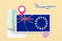 Cook island travel, stamp tourism collage illustration
