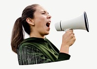 Feminist shouting into megaphone collage element psd