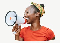 Joyous black woman with megaphone collage element psd