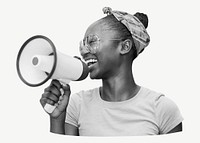 Black woman with megaphone in black & white collage element psd