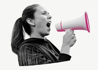 Feminist protesting pink megaphone collage element psd