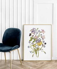 Vintage gold frame mockup psd on the wall with beautiful flowers
