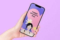 Phone screen mockup, happy women’s day celebration concept psd