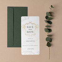 Wedding invitation card mockup with gold vintage ornamental graphic psd