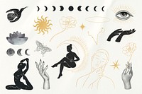 Spiritual, moon collage element set psd