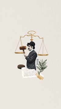 Scale of justice iPhone wallpaper, man holding gavel collage. Remixed by rawpixel.