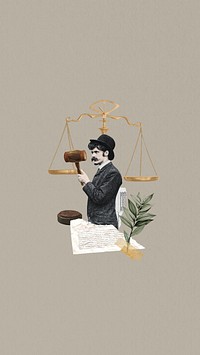 Scale of justice iPhone wallpaper, man holding gavel collage. Remixed by rawpixel.