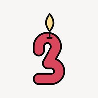 Lit number three birthday candle, flat collage element vector