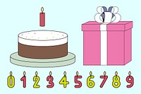 Birthday cake & candles, flat graphic set vector