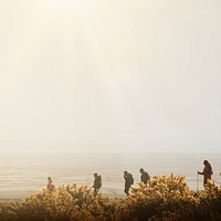 People hiking border background, nature travel image