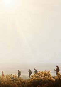 People hiking border background, nature travel image