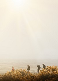 People hiking border background, nature travel image