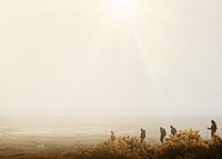 People hiking border background, nature travel image