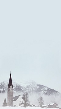 Countryside church iPhone wallpaper, snowing mountain