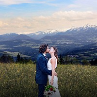 Groom & bride kissing, wedding and nature image