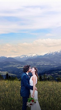 Groom & bride kissing iPhone wallpaper, wedding and nature image