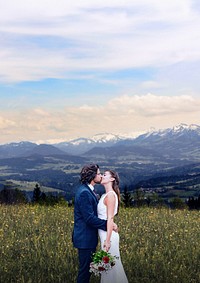 Groom & bride kissing, wedding and nature image