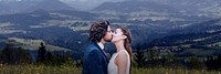 Groom & bride kissing, wedding and nature image