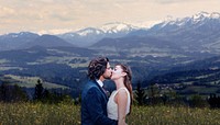 Groom & bride kissing, wedding and nature image