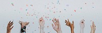 Diverse cheering hands background, thrown gift boxes