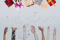 Diverse cheering hands background, thrown gift boxes