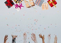 Diverse cheering hands background, thrown gift boxes