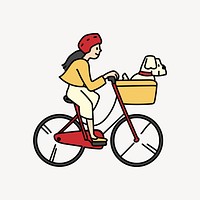 Woman bicycling with dog doodle collage element vector