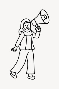 Muslim woman announcing on megaphone doodle collage element vector