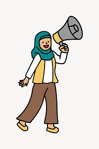 Muslim woman announcing on megaphone doodle collage element vector