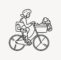 Woman bicycling to grocery shop doodle collage element vector