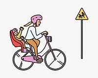 Woman bicycling with child doodle collage element vector