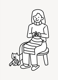 Woman crocheting with kitty doodle collage element vector