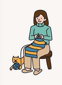 Woman crocheting with kitty doodle collage element vector