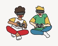 Boys playing VR games doodle collage element vector