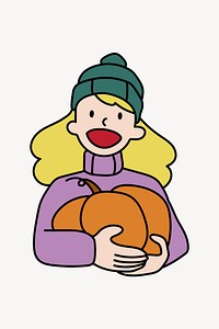 Woman holding pumpkin doodle collage element vector