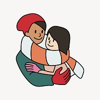 Couple hugging during winter doodle collage element vector