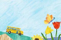 School bus landscape background, cute paper craft design