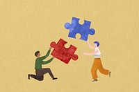 People holding puzzle, teamwork paper craft collage