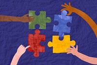 People holding puzzle, teamwork paper craft collage