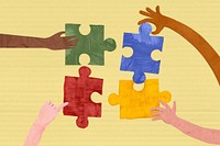 People holding puzzle, teamwork paper craft collage