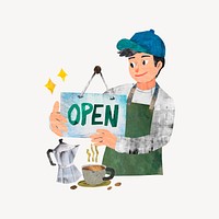 Barista opening cafe, paper craft element psd