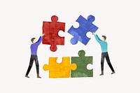 People holding puzzle, teamwork paper craft collage