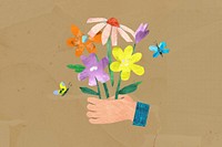 Hand holding flowers, paper craft element