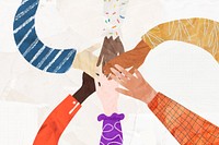Abstract diverse hands united, paper craft collage